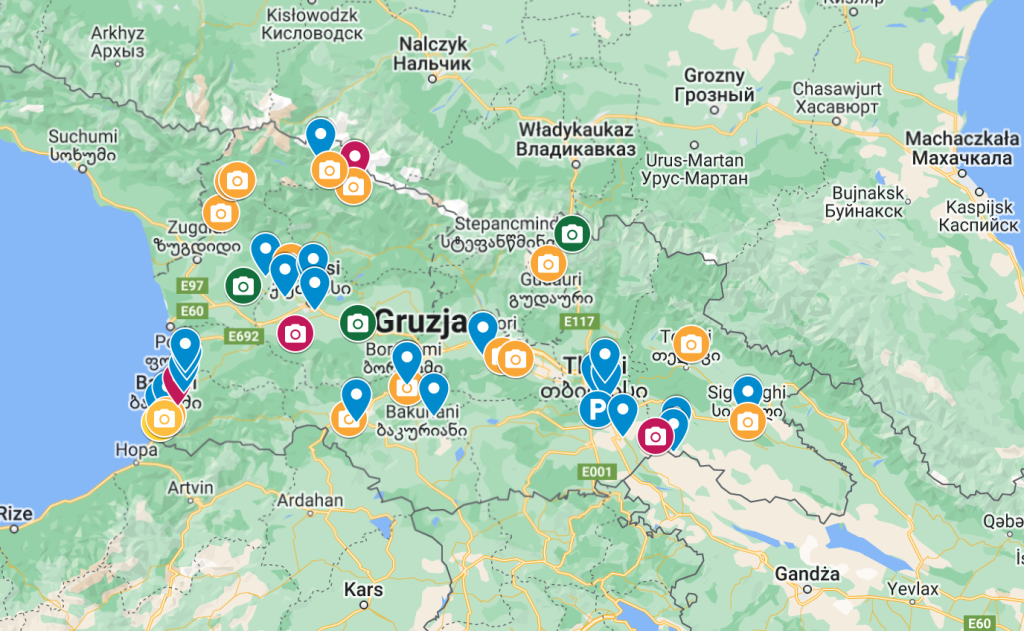 Gruzja miejscówki na dziko pinezki atrakcje mapa plan podróży