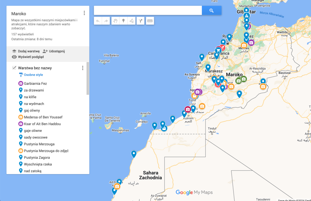 Maroko mapa miejscówki pinezki do spania na dziko i atrakcje